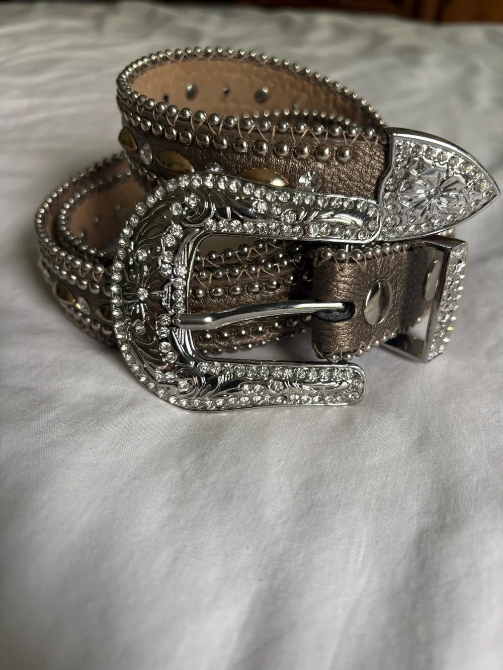 Genuine Leather Rhinestone Western Belt Brown Sz S